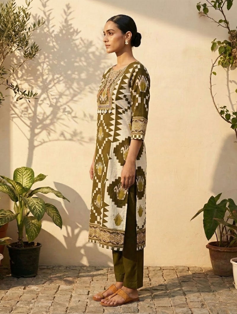 trueBrowns Olive Green Printed Kurta Pant Dupatta Set - Image 3